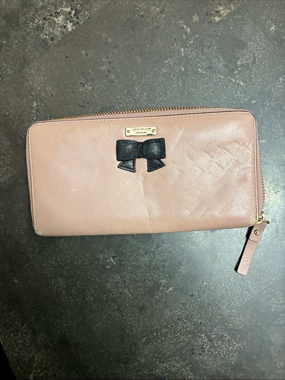 Kate Spade Women's Blush Pink Zip Wallet with Black Bow Accent
